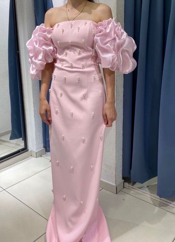 Pudra Pembe Nakışlı Uzun Abiye Elbise - Görsel 3