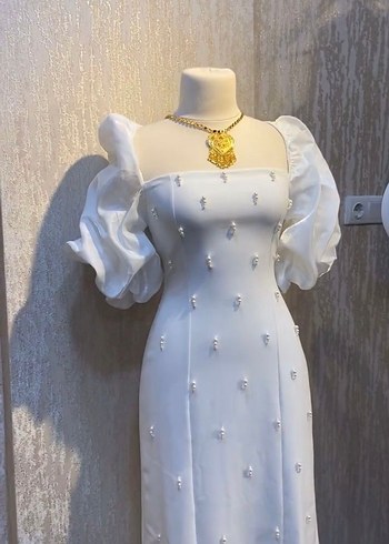 İnci İşlemeli Beyaz Uzun Abiye Elbise - Görsel 6