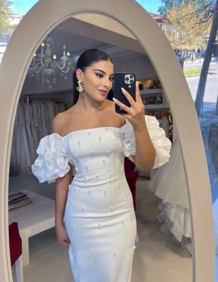 İnci İşlemeli Beyaz Uzun Abiye Elbise - Görsel 4