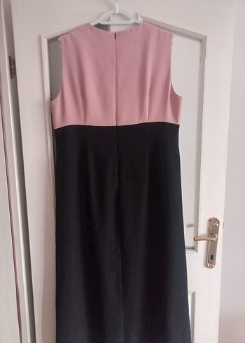 Pembe Siyah Uzun V Yaka Kolsuz Elbise - Görsel 4