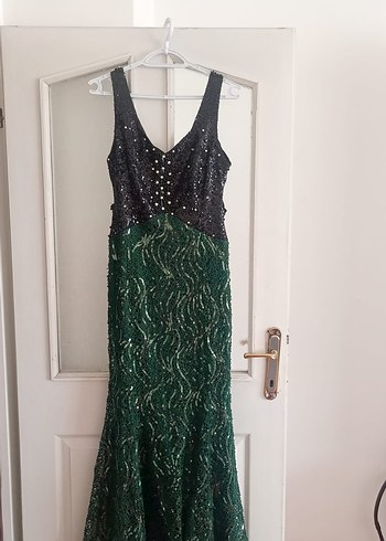 Yeşil Yılan Desenli Uzun Abiye Elbise - Görsel 2