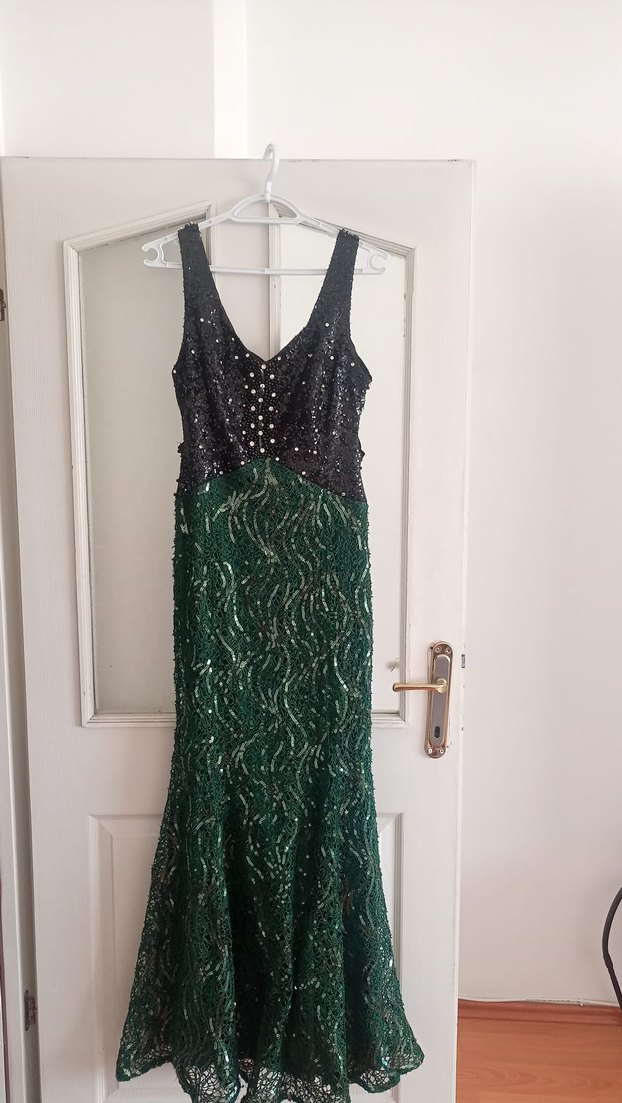 Yeşil Yılan Desenli Uzun Abiye Elbise - Görsel 2