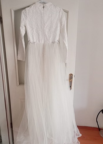 Uzun Beyaz Dantel ve Tül Gelinlik - Görsel 4