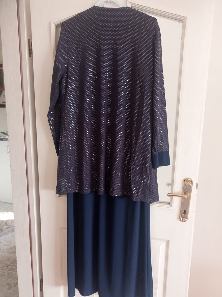 Uzun Kollu Lacivert Drapeli Kadın Elbise - Görsel 3