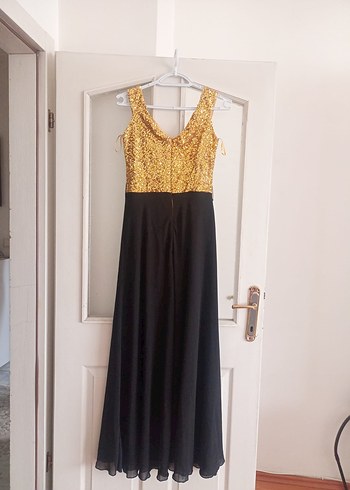 Altın Parlak Üst ve Siyah Uzun Abiye Elbise - Görsel 2