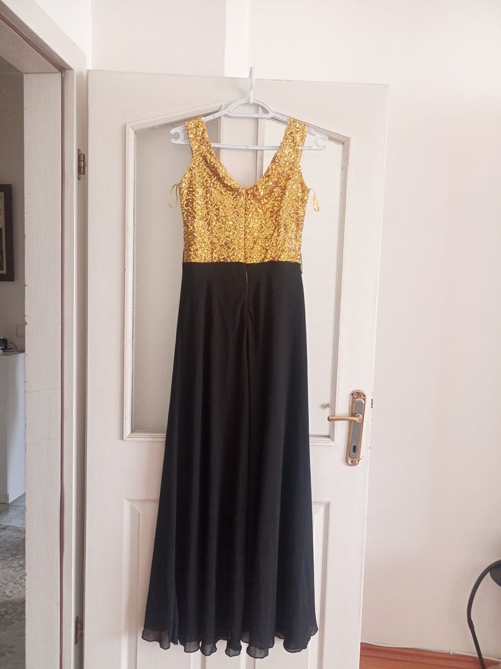 Altın Parlak Üst ve Siyah Uzun Abiye Elbise - Görsel 2