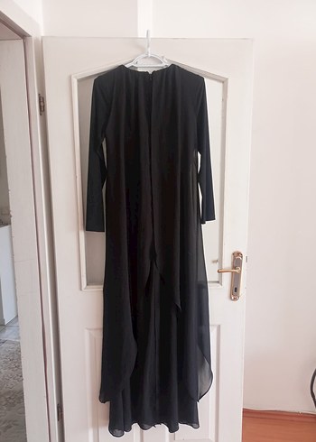 Uzun Siyah Drapeli V Yaka Elbise - Görsel 2