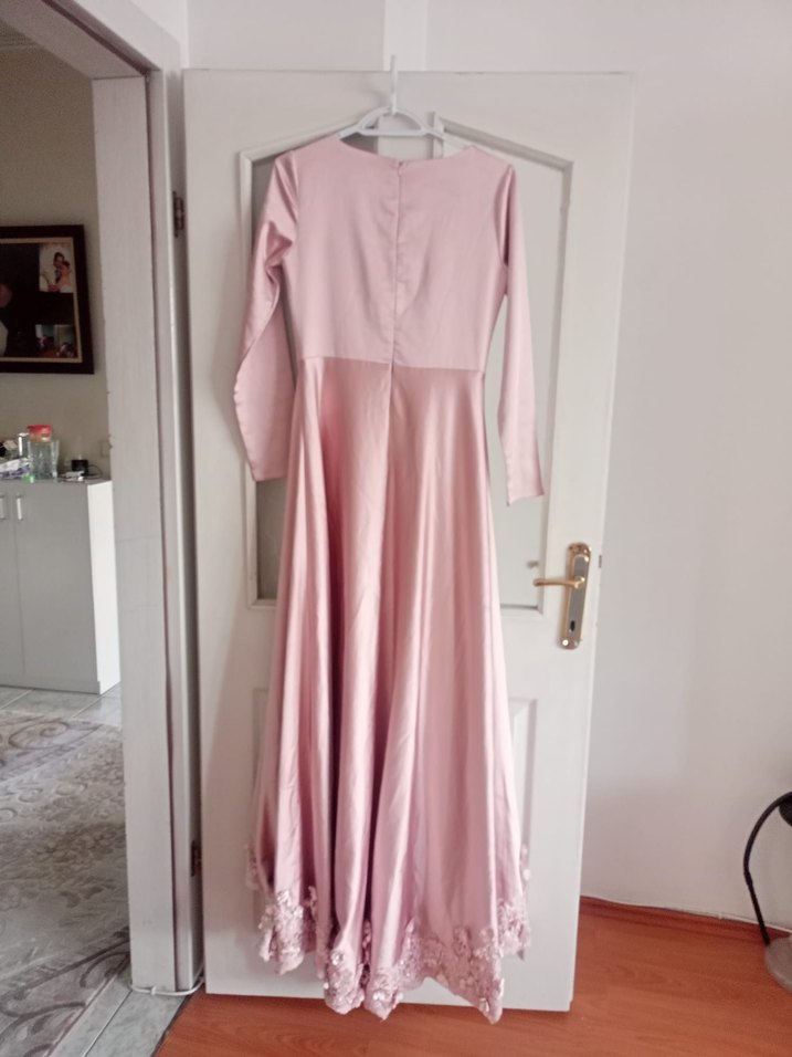 Pudra Pembe Uzun Kollu V Yakalı Elbise - Görsel 3