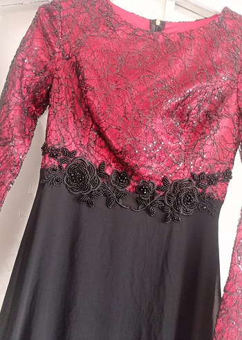 Bordo Siyah Uzun Kollu Vintage Elbise - Görsel 2