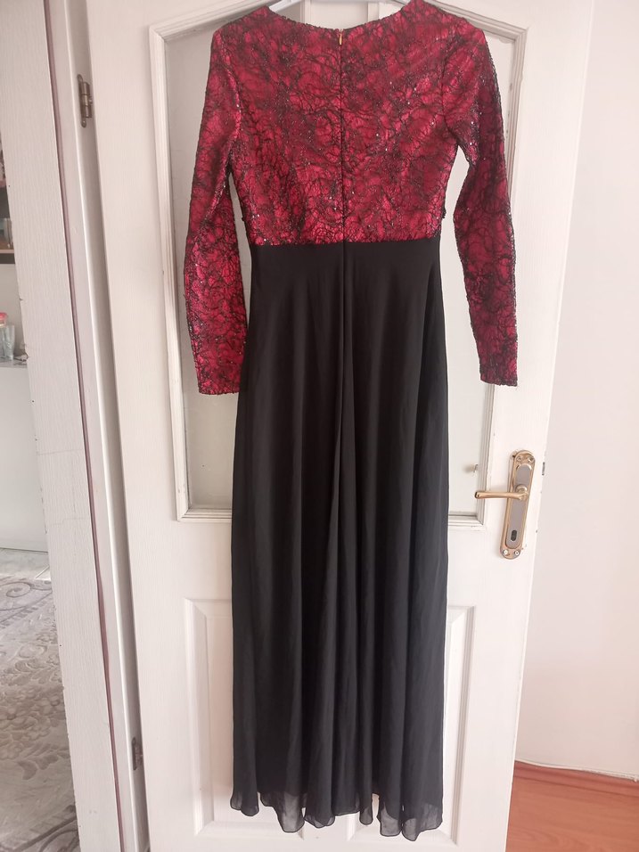 Bordo Siyah Uzun Kollu Vintage Elbise - Görsel 3