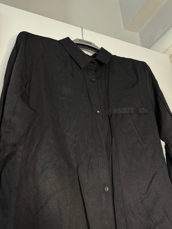 Düğmeli Siyah Uzun Kollu Keten Tunik - Görsel 2