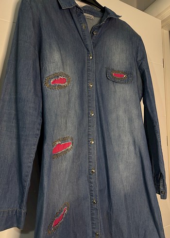 Uzun Kollu Nakışlı Mavi Kot Ceket - Görsel 2