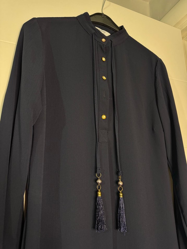 Lacivert Uzun Kollu Püsküllü Tunik - Görsel 2