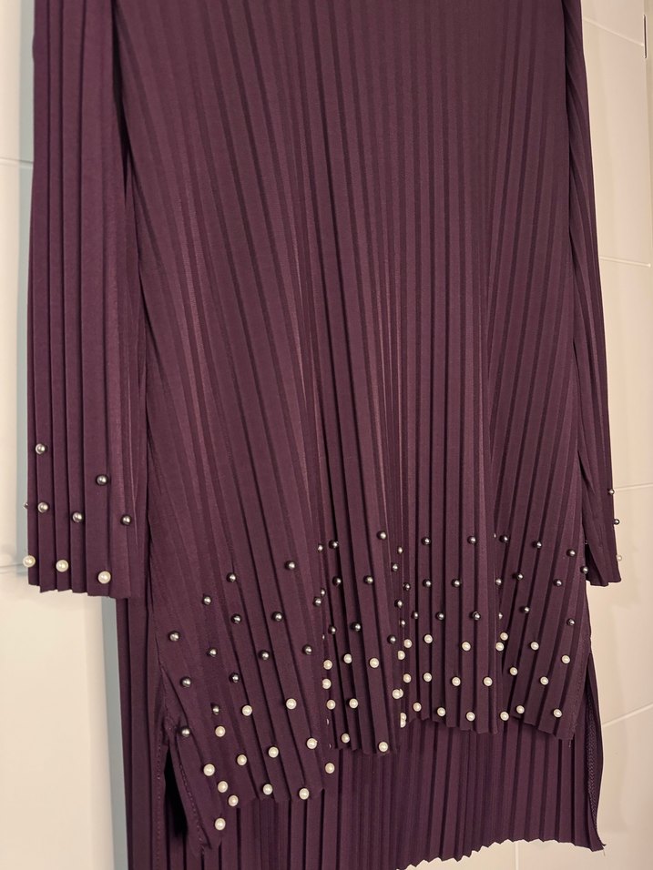 Uzun Kollu Pilili İncili Mor Tunikli Takım - Görsel 2