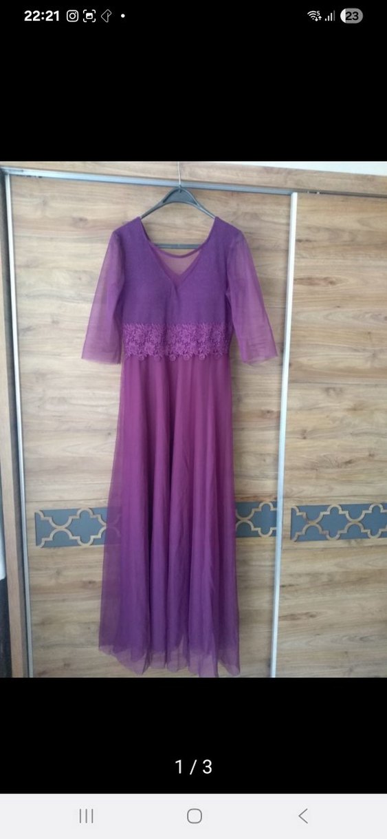 Drapeli V Yaka Mor Uzun Elbise - Görsel 3