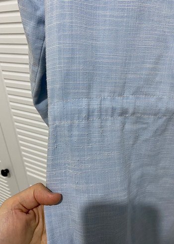 Düğmeli Uzun Mavi Keten Kap - Görsel 4