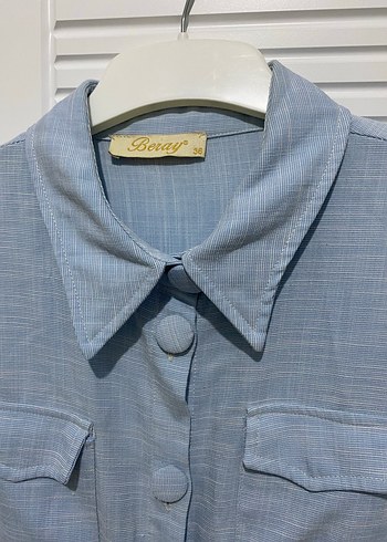 Düğmeli Uzun Mavi Keten Kap - Görsel 2