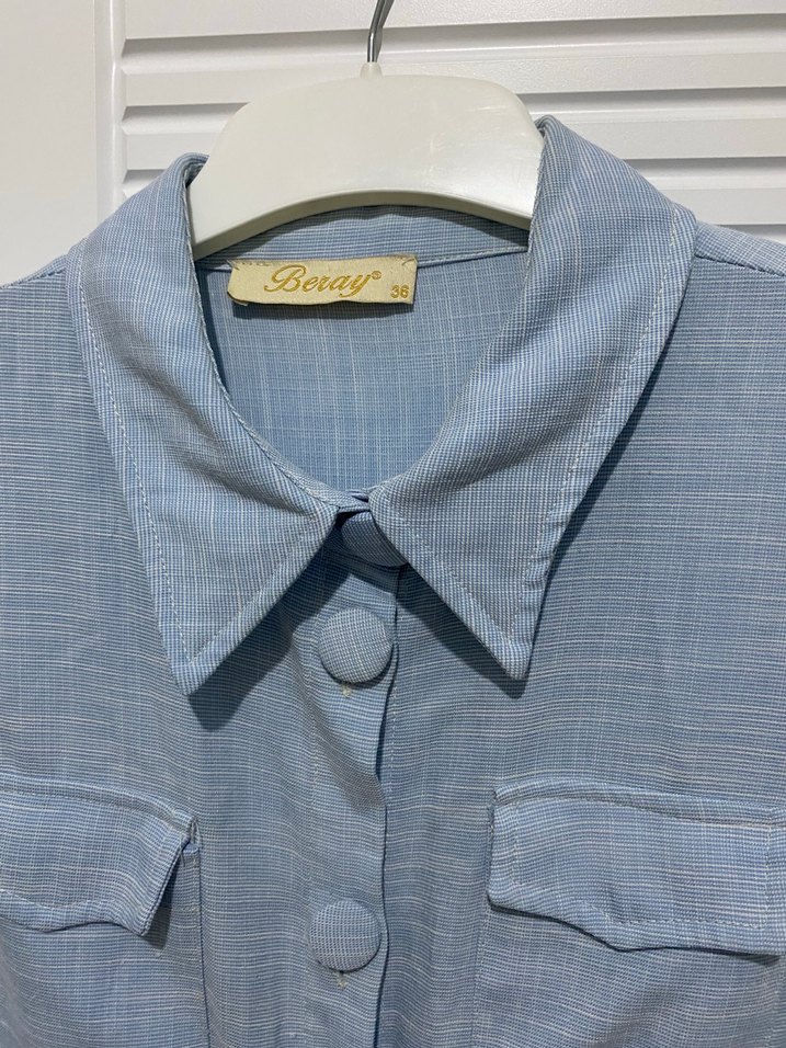 Düğmeli Uzun Mavi Keten Kap - Görsel 2