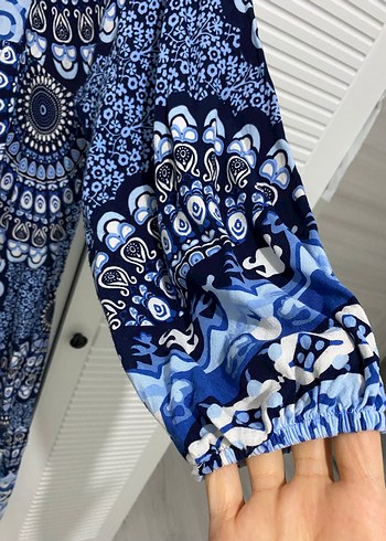 Uzun Mavi Bohem Bağcıklı Elbise - Görsel 2