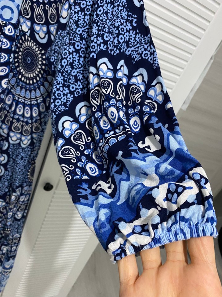 Uzun Mavi Bohem Bağcıklı Elbise - Görsel 2