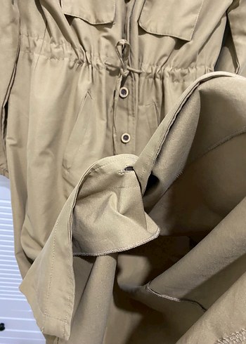 Düğmeli Bej Kadın Uzun Keten Trençkot - Görsel 3