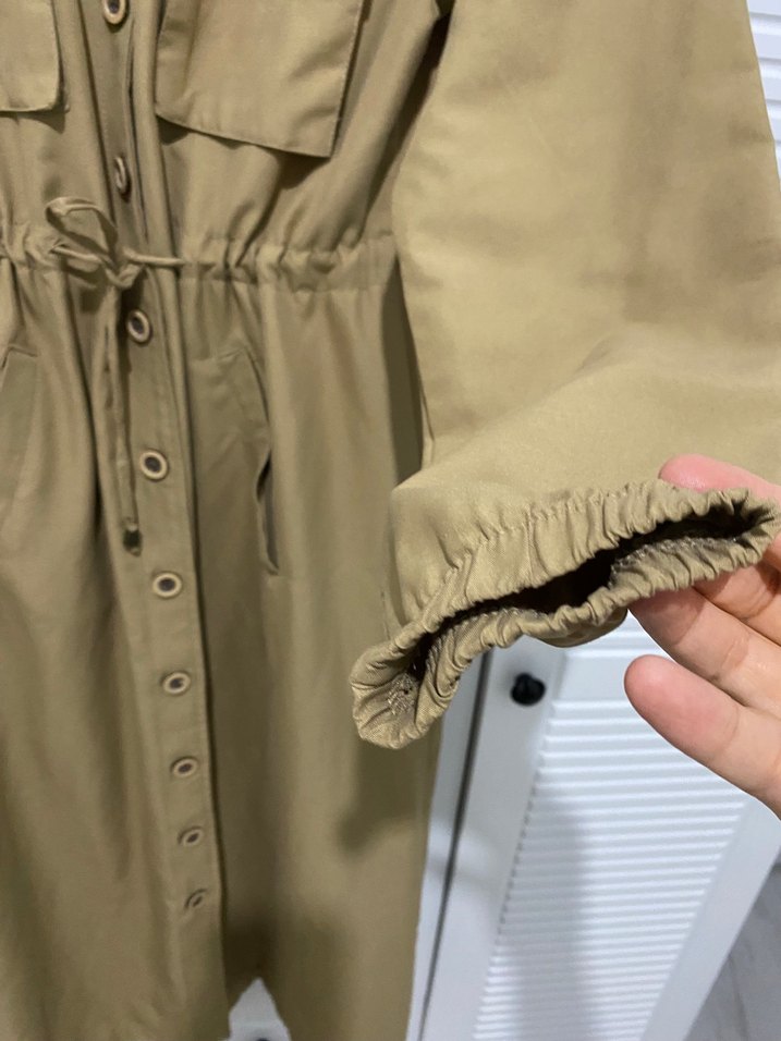 Düğmeli Bej Kadın Uzun Keten Trençkot - Görsel 2