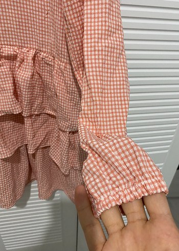 Pembe Kareli Fırfırlı Keten Tunik - Görsel 2