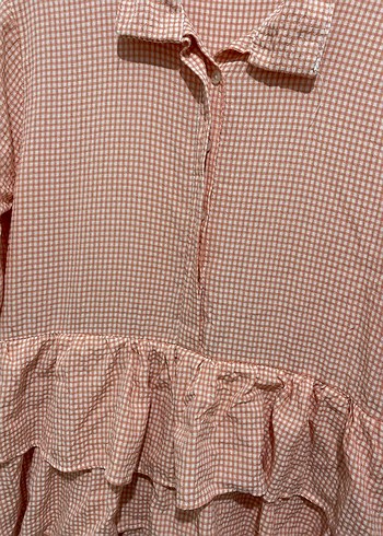 Pembe Kareli Fırfırlı Keten Tunik - Görsel 3