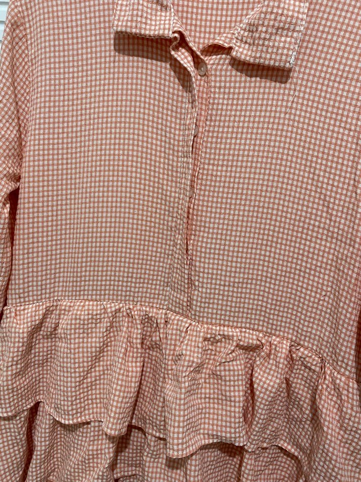 Pembe Kareli Fırfırlı Keten Tunik - Görsel 3