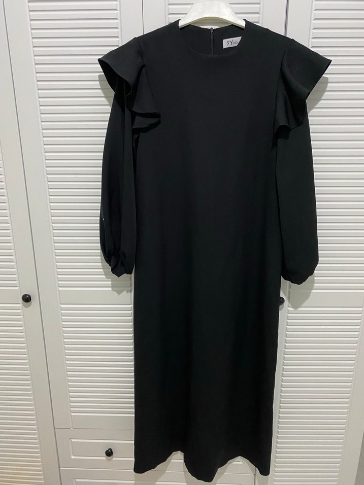 Uzun Siyah Kemerli Kalem Elbise - Görsel 2