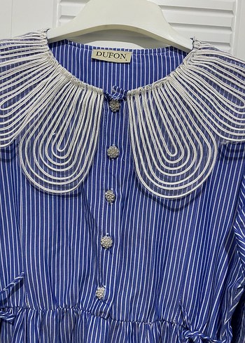 Mavi Nakışlı Uzun Pamuk Elbise - Görsel 2