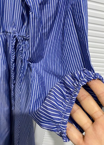 Mavi Nakışlı Uzun Pamuk Elbise - Görsel 4