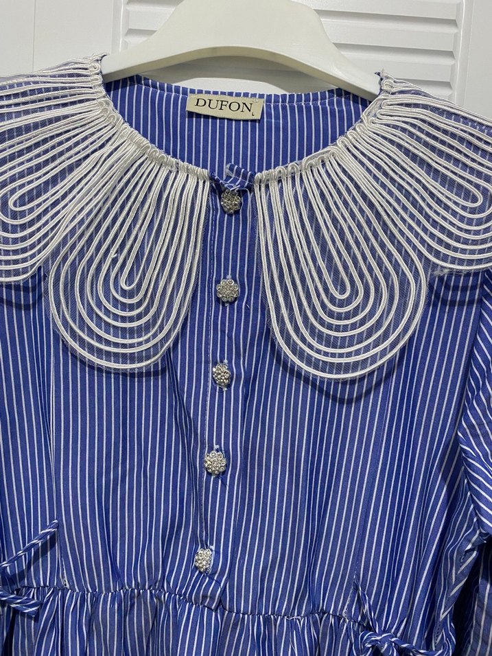 Mavi Nakışlı Uzun Pamuk Elbise - Görsel 2