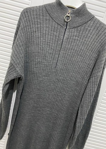Gri Yüksek Yakalı Uzun Triko Elbise - Görsel 2
