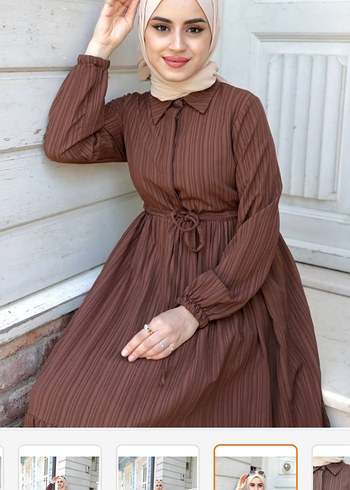 Piliseli Uzun Kol Bohem Kahverengi Elbise - Görsel 3