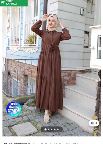 Piliseli Uzun Kol Bohem Kahverengi Elbise - Görsel 2