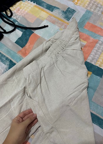 Bej Kadın Keten Rahat Kesim Pantolon - Görsel 2