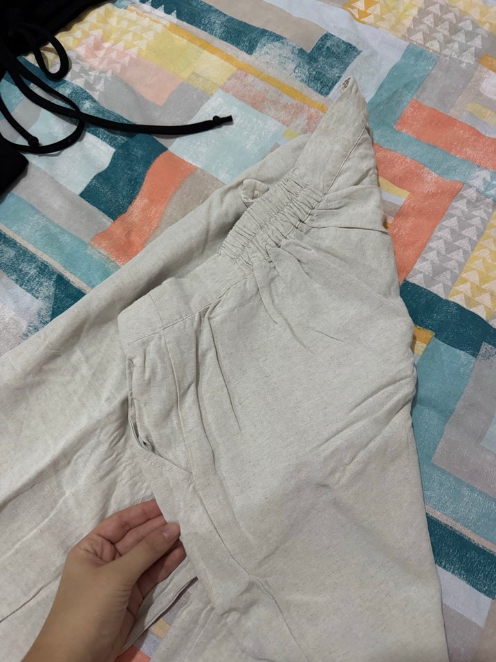 Bej Kadın Keten Rahat Kesim Pantolon - Görsel 2