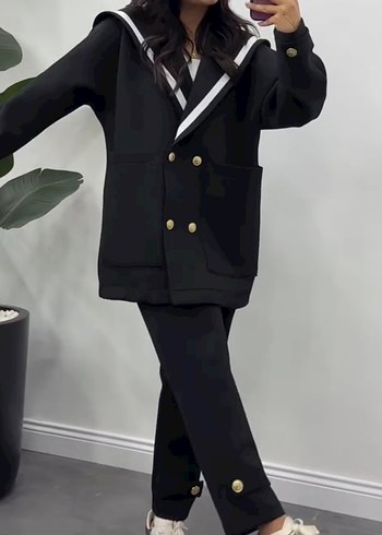 Düğmeli Siyah Midi Kadın Blazer Ceket Takım - Görsel 4