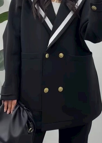 Düğmeli Siyah Midi Kadın Blazer Ceket Takım - Görsel 6