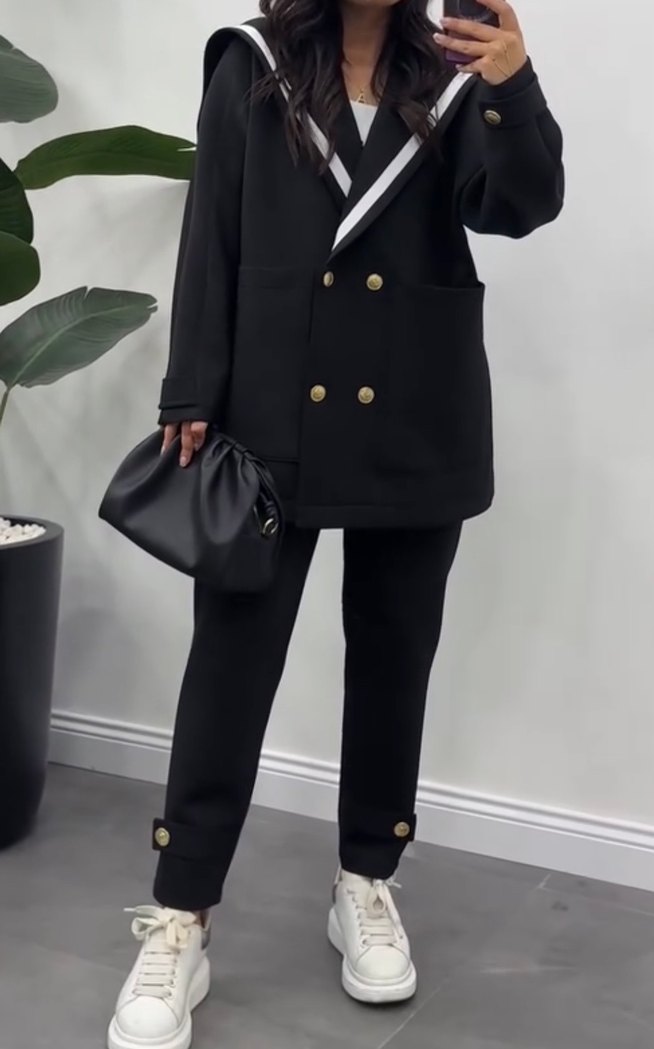 Düğmeli Siyah Midi Kadın Blazer Ceket Takım - Görsel 2