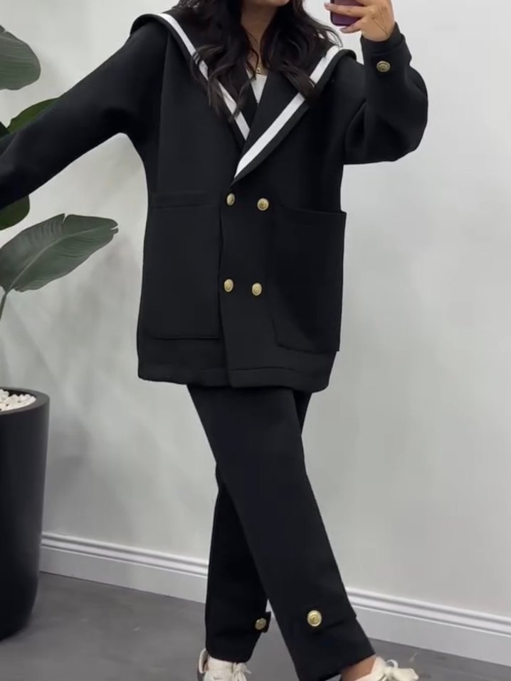 Düğmeli Siyah Midi Kadın Blazer Ceket Takım - Görsel 4