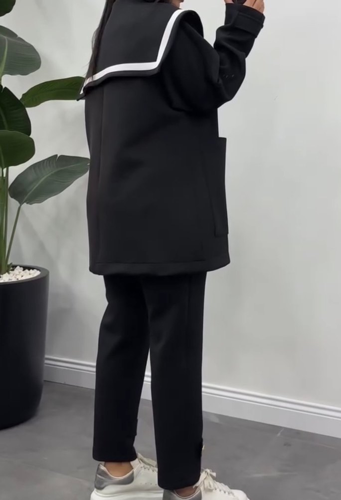 Düğmeli Siyah Midi Kadın Blazer Ceket Takım - Görsel 5