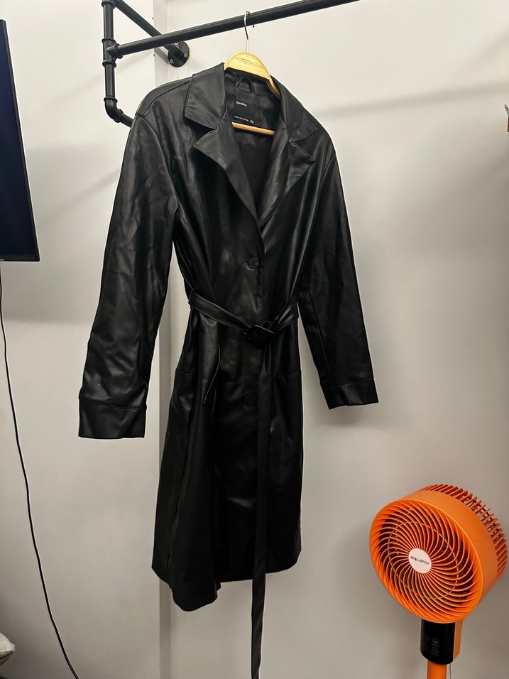 Kadın Siyah Deri Kemerli Uzun ceket - Görsel 2