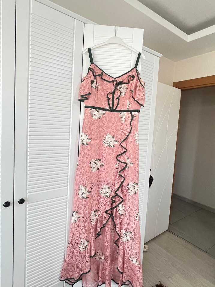 Dantel İşlemeli Pembe Uzun Askılı Elbise - Görsel 2