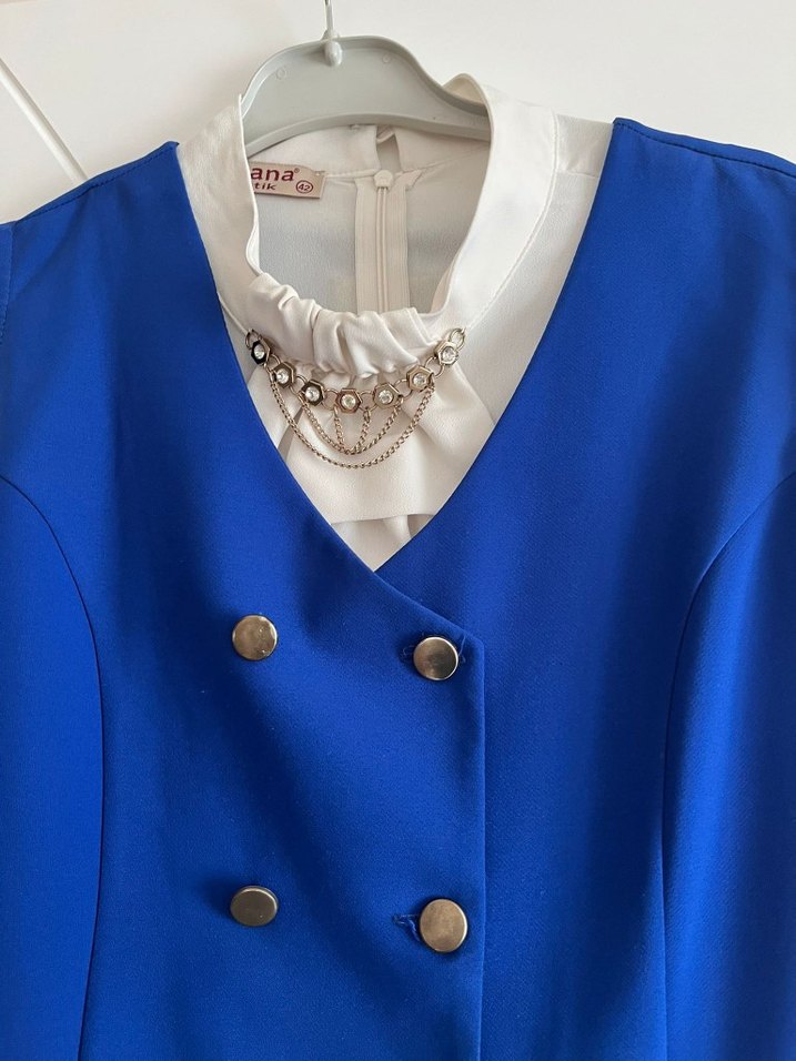 Mavi Düğmeli Uzun Kollaksız Kadın Takım - Görsel 2