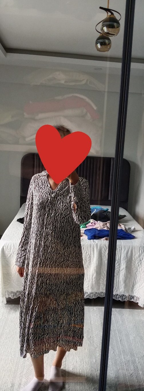 Zebra Desenli Uzun Kollu Fitted Keten Elbise - Görsel 4