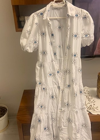 Nakışlı, V Yakalı, Düğmeli Uzun Keten Elbise - Görsel 5