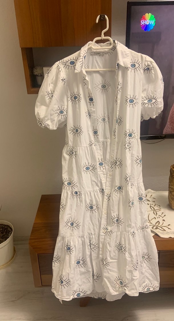 Nakışlı, V Yakalı, Düğmeli Uzun Keten Elbise - Görsel 5