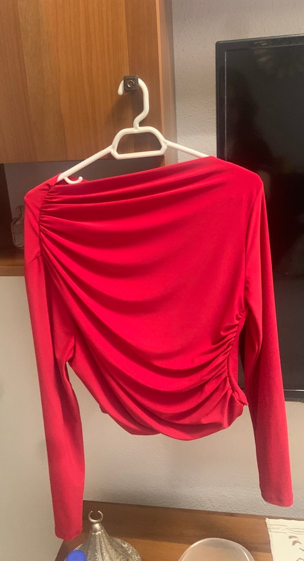 Kırmızı Drapeli Yüksek Yakalı Kadın Bluz - Görsel 2